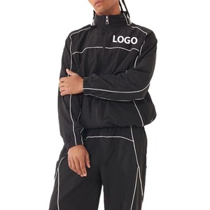 Ensemble de survêtement d'hiver imprimé noir pour homme, grande taille, 2 pièces, coupe-vent à séchage rapide, avec logo personnalisé, en nylon, pour la course et la gym, avec passepoil blanc - Product Image 3