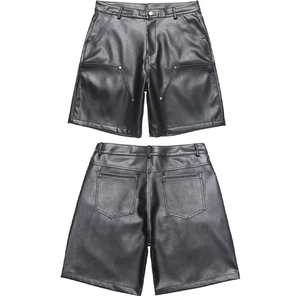 New Trendy Quality Clothes <b>Men's</b> Custom Solid Casual Style Zipper Fly Soft Knee-Length Leather <b>Shorts</b> with <b>Patch</b> Pockets - Product Image 5