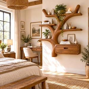 Étagère murale en bois Luxali, contemporaine, unique, faite à la main, avec plusieurs étagères et tiroirs pour la maison, le bureau, la salle d'étude et le salon - Product Image 2