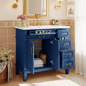 Mobile Bagno Moderno da 36 Pollici con Lavabo in Resina, 2 Ante Soft-Close, 4 Cassetti e Elegante Mobiletto a 2 Ante per Bagno - Product Image 1