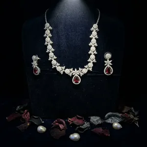 Red Crystal Rhinestone <b>Bridal</b> Necklace Earring Set Silver Plated Alloy Link Water Drop Trendy Wedding Jewelry for Party Banquet - Product Image 1