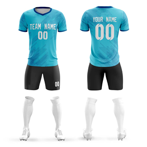 ชุดฟุตบอลแบบกำหนดเอง สีฟ้าอมเขียว พิมพ์ลายแบบซับลิเมชั่น เสื้อเจอร์ซีย์โพลีเอสเตอร์ระบายอากาศ กางเกงขาสั้น ถุงเท้า สำหรับผู้ชาย ผู้ใหญ่ - Product Image 6