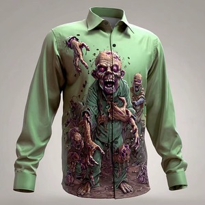 Camiseta de Halloween para Hombre, Estilo Horror, Sublimada, con Botones, Manga Larga, Gótica, Verde, Poliéster, Corte Regular, Personalizada, Digital - Product Image 3