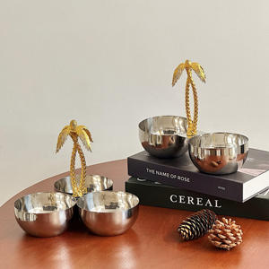 Luxury Silver <b>3</b> Section Serving Bowl With Gold Palm Tree Handle Elegant Metal Triple Nut Tray For Tropical Home Decor - Product Image 6