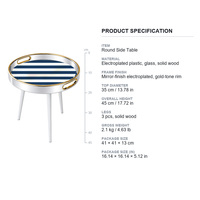Table d'appoint ronde à trois pieds avec plateau en verre et rayures blanches marine pour salon ou balcon