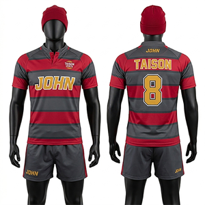 Maillot de rugby pour homme 240 GSM en polyester tricoté haute densité, rayures dorées et vert-bleu marine, personnalisable avec nom et numéro sublimés - Product Image 5