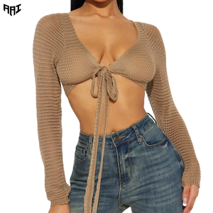 Cardigan oversize tendance pour femme en maille à col en V, style streetwear, épais, à nouer, pour l'été et la plage, marque privée, sweats OEM - Product Image 1