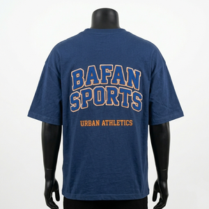 Camiseta holgada oversize para hombre, 200 GSM, jersey de algodón grueso, azul oscuro, naranja, con apliques deportivos, bordado y logotipo personalizado - Product Image 2