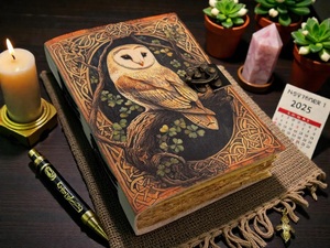 Herb Heritage Owl Leather Water Color <b>Journal</b> Grimoire Notebook Handmade Vintage <b>Diary</b> Sewing Bound 200 Sheets Embossed Logo - Product Image 3