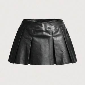Jupes plissées en satin et cuir brodé respirant vintage Fazmax pour femmes avec ceinture, couleur noire, taille plus, modèle FZskrt - Product Image 1