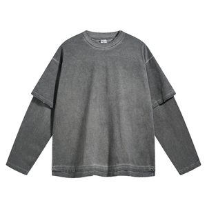 เสื้อเชิ้ตแขนยาวสองชั้น สไตล์สตรีทแวร์ ทรงบ็อกซี่ โอเวอร์ไซส์ ฮิปฮอป คุณภาพสูงสำหรับผู้ชาย เสื้อยืดแขนยาวสองชั้นสำหรับผู้ชาย - Product Image 1