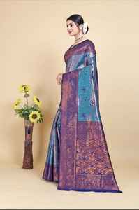 Sari en soie Banarasi classique, sari traditionnel indien pour mariage avec bordure Zari riche, disponible à un prix raisonnable - Product Image 3