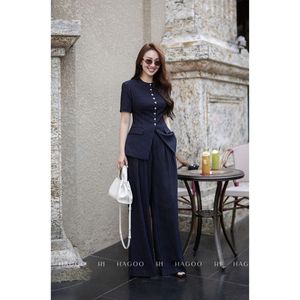 Q737 <b>Women</b> Casual Summer Pinstripe Blazer <b>Trousers</b> Set Short Sleeve Contrast Color Mid Waist Wide Leg Pants <b>Suit</b> Office - Product Image 1