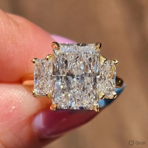 Moissanite Engagement <b>Ring</b> Three Stone <b>Emerald</b> Cut <b>Silver</b> White Gold Plated Luxury Wedding <b>Ring</b> - Product Image 4