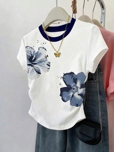 Elegant Floral Print Trendy women's shirt Regular Fit Cotton Tee Modern Boutique Fashion Casual Spring Summer Wear Crew Neck DTG - Product Image 4