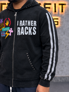 Sweat à capuche pour homme, coupe oversize, noir, style streetwear, avec broderie et patchs effet vieilli, délavé à l'acide, 100% coton, imprimé, avec strass - Product Image 4