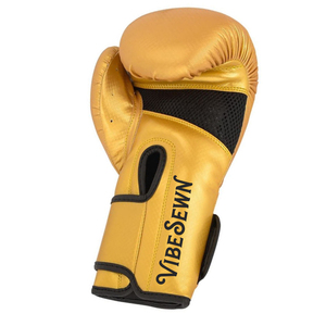 Gants de boxe d'entraînement en cuir PU doré personnalisés 16oz avec fermeture de poignet réglable unisexe rouge et blanc, logo personnalisé, design Vibe, cousus - Product Image 3