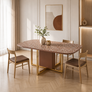 Table à manger ovale moderne en bois avec plateau aspect marbre, table sur piétement, mobilier de salle à manger sur mesure - Product Image 3