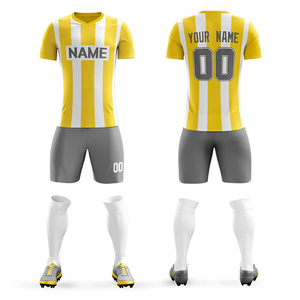 Conjunto de Uniforme de Fútbol Personalizado para Hombre, Azul y Negro a Rayas, Cuello en V, Manga Corta, Absorbente de Humedad, con Pantalones Cortos y Calcetines a Juego - Product Image 2