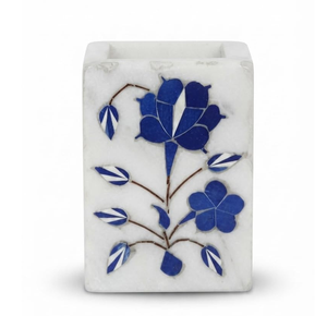 Porte-stylo carré en marbre avec incrustation florale, couleur blanche, organisateur de bureau, d'école et de maison, artisanat décoratif - Product Image 2
