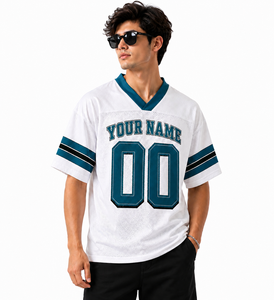 Maillot de football américain personnalisé sublimé, blanc, en coton, col en V, manches courtes, avec nom et numéros, unisexe, adulte, respirant, anti-UV, séchage rapide - Product Image 4