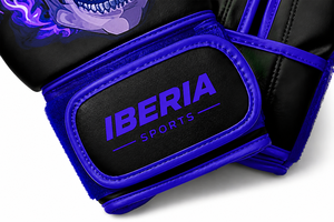 Guantes de Boxeo IBERIA Premium Negros con Estampado de Calavera y Llamas Púrpuras, Guantes de Entrenamiento de Cuero PU, Logotipo Personalizado OEM, Venta al Por Mayor, Transpirables - Product Image 5
