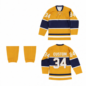 Maillot de hockey sur glace personnalisé en polyester sublimé, respirant, rayé bleu moutarde, personnalisable pour clubs, nom et numéro d'équipe, OEM - Product Image 1
