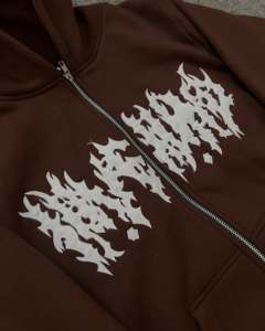 Sweat-shirt à capuche zippé marron pour homme avec logo flamme blanche imprimé sur le devant, coupe classique, en coton French Terry, style Hip Hop, pour l'automne - Product Image 2