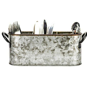 Organisateur de couverts rustique en métal galvanisé avec poignée en bois, ovale, 3 compartiments, pour la vente - Product Image 4