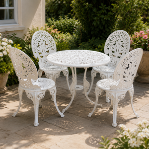 White Cast Aluminum <b>Patio</b> Dining Set Ornate <b>Round</b> Garden <b>Table</b> Chairs Outdoor Balcony Furniture Luxury Antique Style - Product Image 2
