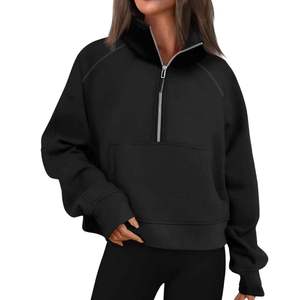 Women's <b>Black</b> <b>Cropped</b> Half Zip Sweatshirt Fleece <b>Long</b> <b>Sleeve</b> Pullover Mock Neck Athletic <b>Top</b> Winter Autumn Wear - Product Image 1