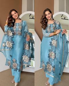 Designer Indian Pakistani Party Wear New Collection Silk Fully Stitched <b>Top</b>-Dupatta Bottom Set Stretchable Reversible - Product Image 2