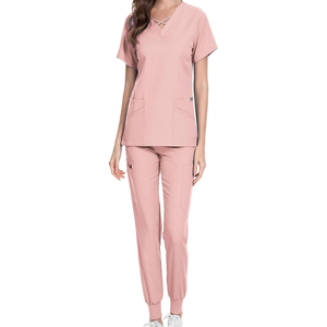 Conjunto de Uniforme Médico Rosa para Mujer, Pantalones de Algodón y Poliéster, Cuello en V, Manga Corta - Product Image 2