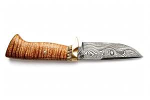 Cuchillo de campo utilitario de hoja fija de acero de Damasco hecho a mano con mango de madera de arce rizado y guardacuchillo de latón - Product Image 6