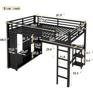 Letto a soppalco matrimoniale in metallo con armadio integrato e scrivania, mensole portaoggetti nere, set camera da letto - Product Image 3