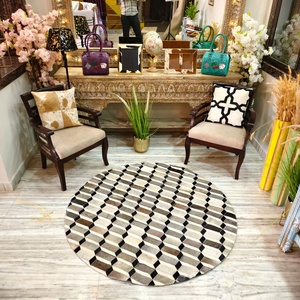 Alfombra Redonda con Patrón Geométrico, Beige, Negro, Marrón, Moderna, para Sala de Estar, Alfombra Decorativa - Product Image 3