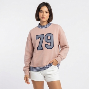 Sudadera Extra Grande de Primera Calidad para Mujer, Cuello Redondo, Gris con Ribete a Cuadros Rojos, Número 44 Bordado, Manga Larga, Ropa Casual - Product Image 2