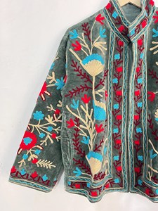 Vintage Style Sage <b>Velvet</b> <b>Jacket</b> with Heavy Floral Embroidery <b>Women</b> Ethnic Boho Outerwear - Product Image 4