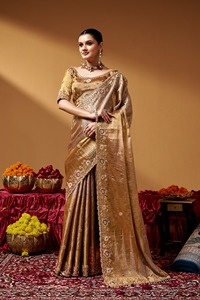 Leranath Fashion Golden Kanjivaram <b>Saree</b> <b>for</b> <b>Women</b> Zari Tissue Texture Hand Embroidery Beads Work Elegant Recycled Materials - Product Image 6