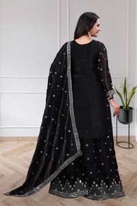 Ensemble de salwar kameez traditionnel indien pakistanais pour femmes, en soie Fendy brodée noire, longueur au sol, avec dupatta, pour les occasions de mariage - Product Image 4