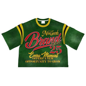 เสื้อยืดโอเวอร์ไซส์ทรงครอปสำหรับผู้ชาย แบรนด์ใหม่ พิมพ์ลายตัวอักษร แขนสั้น คอโอ แต่งขอบตัดกัน ผ้าถัก สไตล์ลำลอง - Product Image 5
