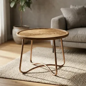 Modern Round Wood Coffee <b>Table</b> with Metal Frame Scandinavian <b>Living</b> <b>Room</b> Furniture Handmade Design - Product Image 2