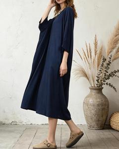 Premium Navy Blue O-NeckPlain Maxi <b>Dress</b> With 3/4 Sleeves <b>Loose</b> Boho Style 100% Linen Summer Casual <b>Dress</b> For Women - Product Image 5
