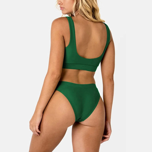 Maillot de bain d'été très élastique, couleur unie, col carré, ensemble bikini décontracté deux pièces séparées à taille haute - Product Image 4