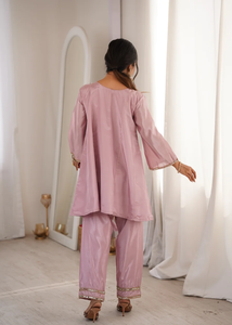 Antra Lifestyle Pink Silk Salwar Kameez Co-ord Set Mirror Work Lace Quick Dry Short <b>Kurti</b> Trouser Regular Fit Modern 84109 - Product Image 3