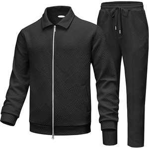 Men's Black <b>Knitted</b> Tracksuit <b>Set</b> Stand Collar Zipper Casual Autumn Wear Breathable Solid Color Polyester Sportswear - Product Image 2