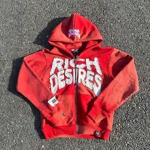Sudadera con capucha roja personalizada de corte regular con cremallera, parche de letras de chenilla desgastado, forro polar vintage lavado, 100% algodón para hombre - Product Image 4