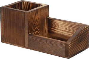<b>Vintage</b> Wood Business Card Holder Stand for Desk with Pen Pencil Cup 2 Slots Business Card Display Holder Organizer <b>Box</b> - Product Image 5