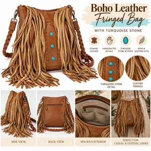 Bolso de Hombro Boho de Cuero Genuino con Flecos, Bolso Bandolera Hecho a Mano con Piedra Turquesa, Gran Capacidad, para Uso en Exteriores, a la Moda - Product Image 4
