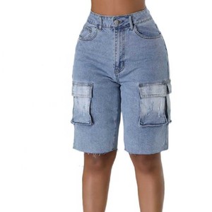 Shorts de Mezclilla Cargo de Cintura Alta para Mujer, Estilo Casual de Verano, Desgastados, con Dobladillo Deshilachado, Estilo Utilitario, Azules, Impermeables, Resistentes al Viento, de Secado Rápido - Product Image 1